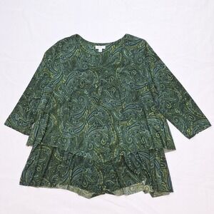 Susan Graver Blouse Womens XL Green Paisley Tiered Tunic Long Sleeve